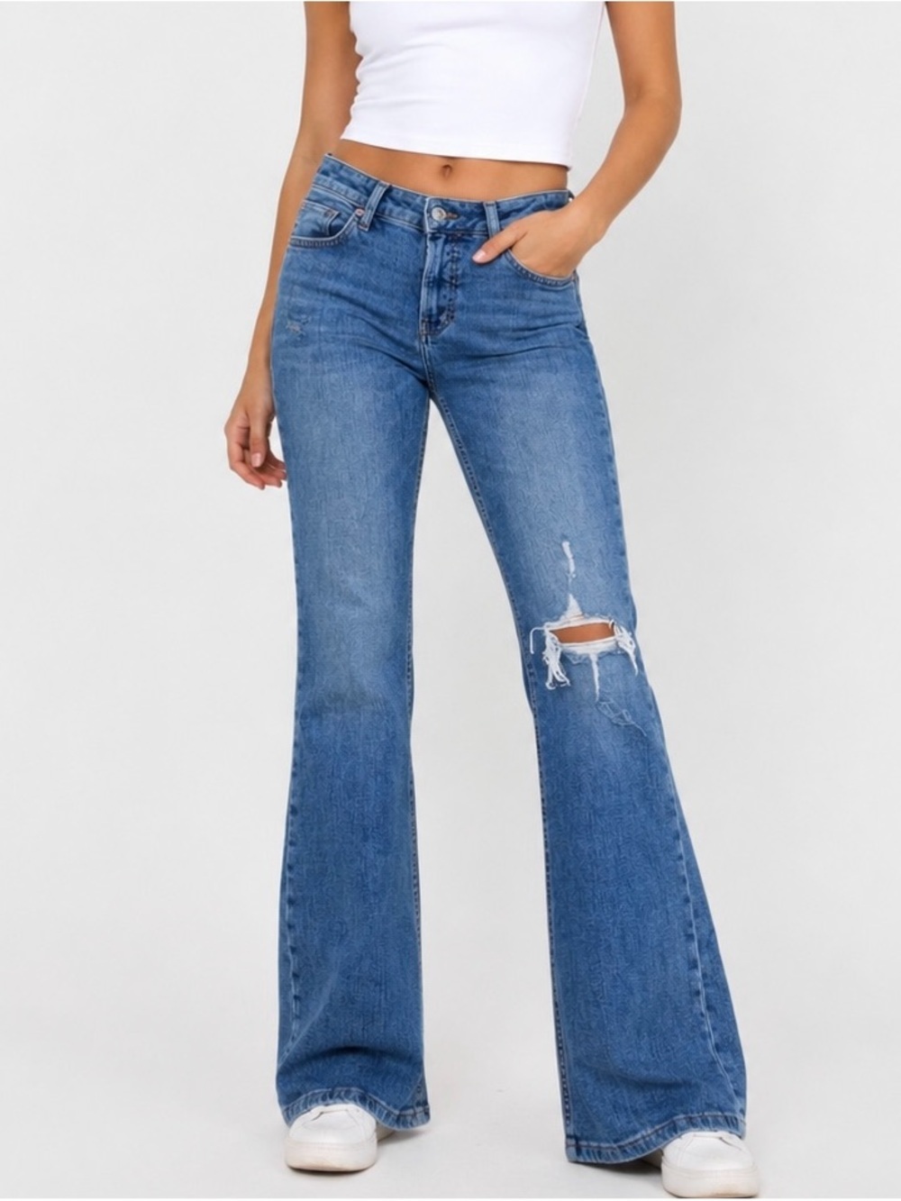 We The Free Medium Blue High-Rise Flare Jeans with Knee Rip